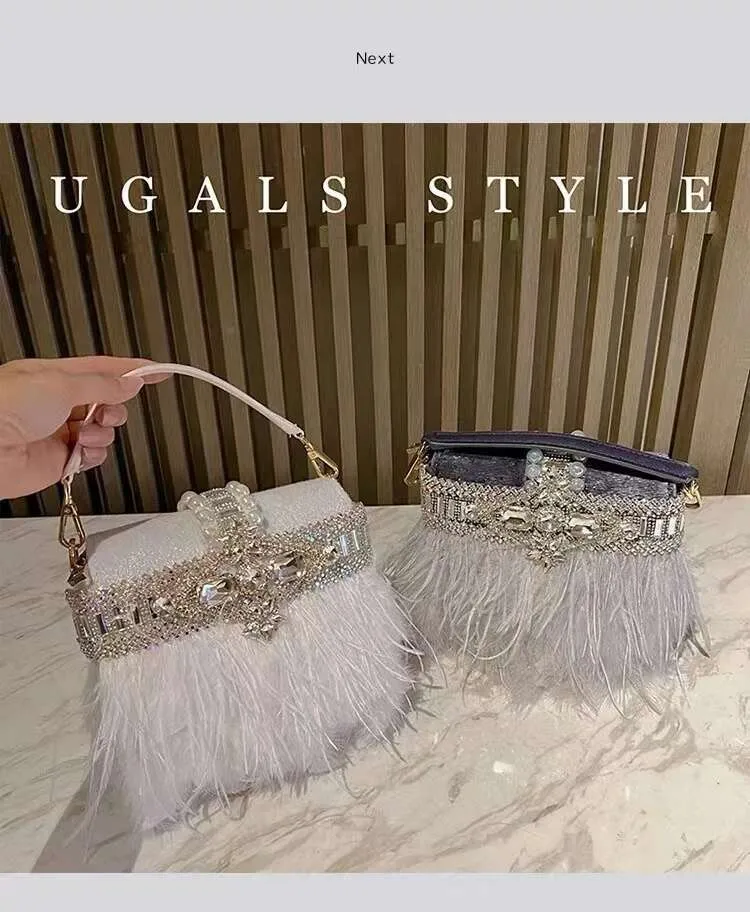 Borsa da sera da donna in pelo di struzzo, borsa a tracolla con pochette in cristallo Rhie Dia, borsa da festa per matrimonio_voghion.com