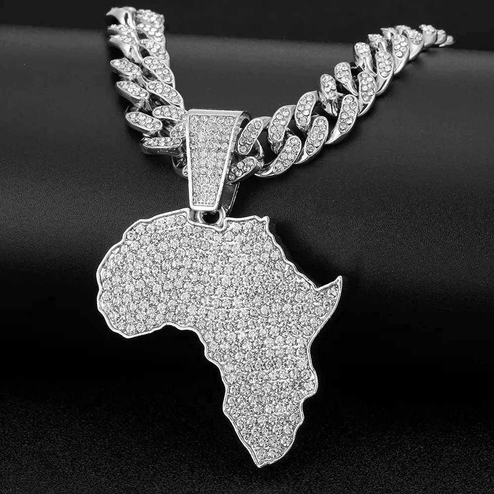 Mode Kristall Afrika Karte Anhänger Für Frauen Männer Hip Hop Zubehör Schmuck Halskette Choker Cuban k Kette Geschenk_voghion.com