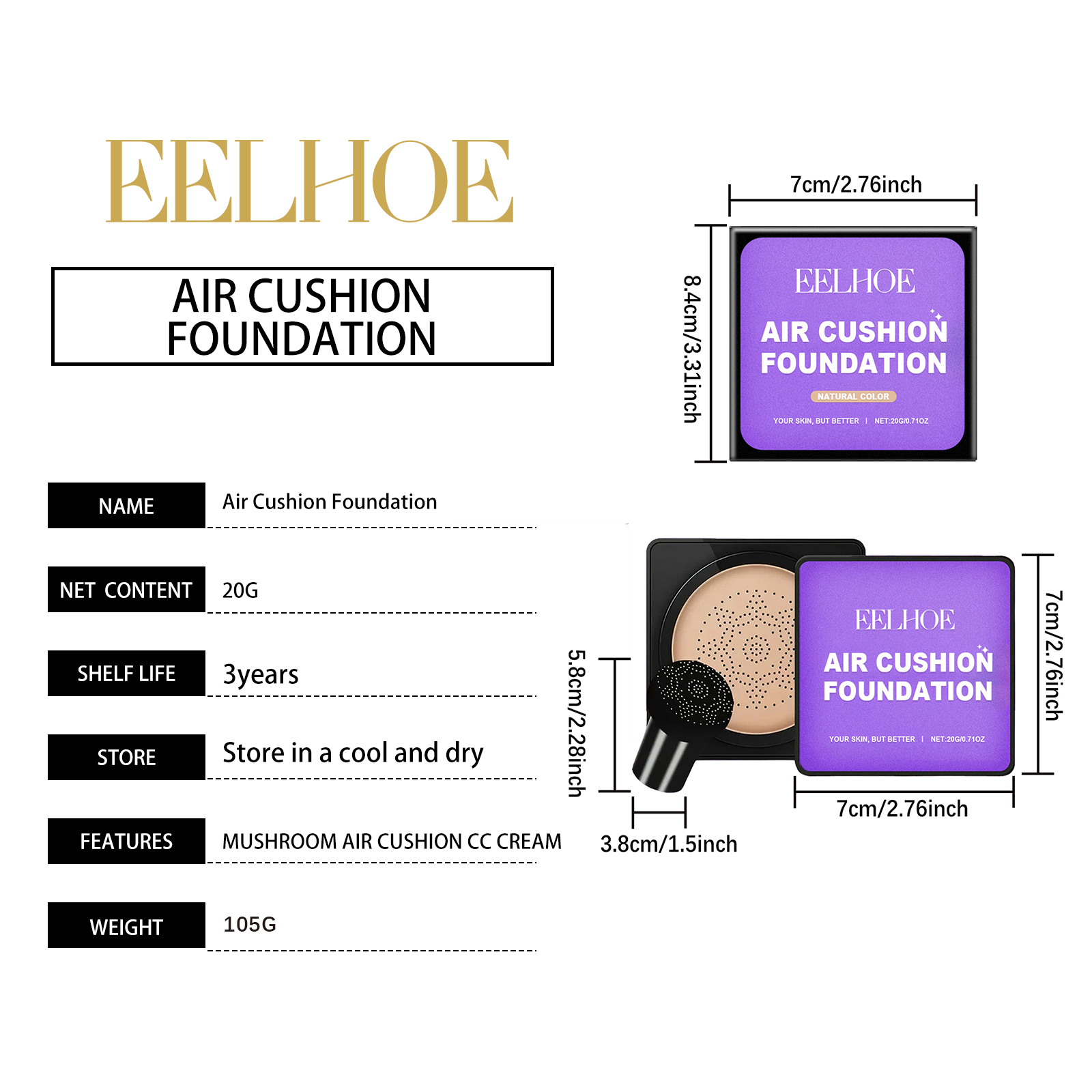 EELHOE Mushroom Cushion Foundation Hydratační plné krytí Nekomedogenní Lehká přírodní úprava Snadná aplikace_voghion.com
