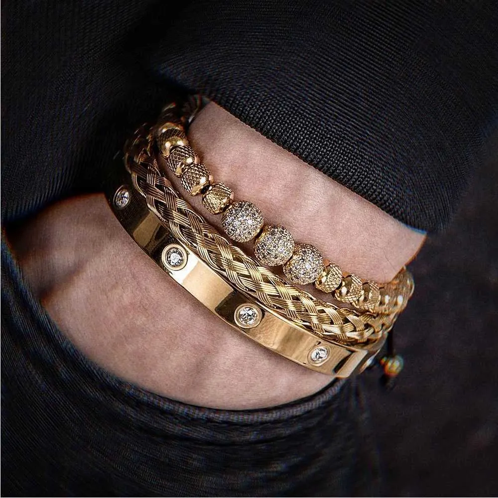 Pulseira 3 Deluxe Micro Pay CZ Contas Redondas Royal Charm Pulseira Masculina de Cristal em Aço Inoxidável Casal Joias Feitas à Mão Presentes_voghion.com