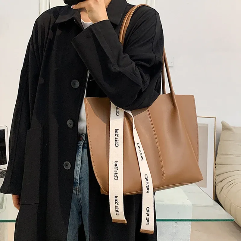 Borsa da ufficio da donna, uso quotidiano, bellezza, marrone, nera, moda, con nastro, a tracolla, per pendolari, grande capacità, a mano, retrò._voghion.com