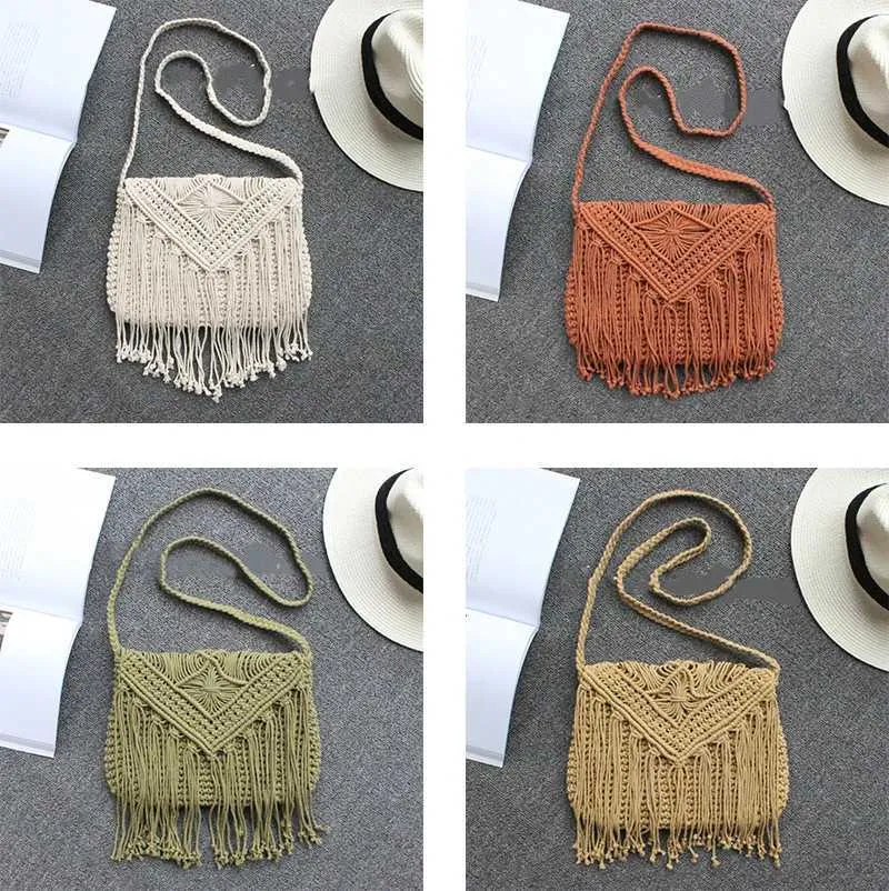 Handmade Cotton Woven Knitted Crossbody Bag With Tassels Vintage_voghion.com