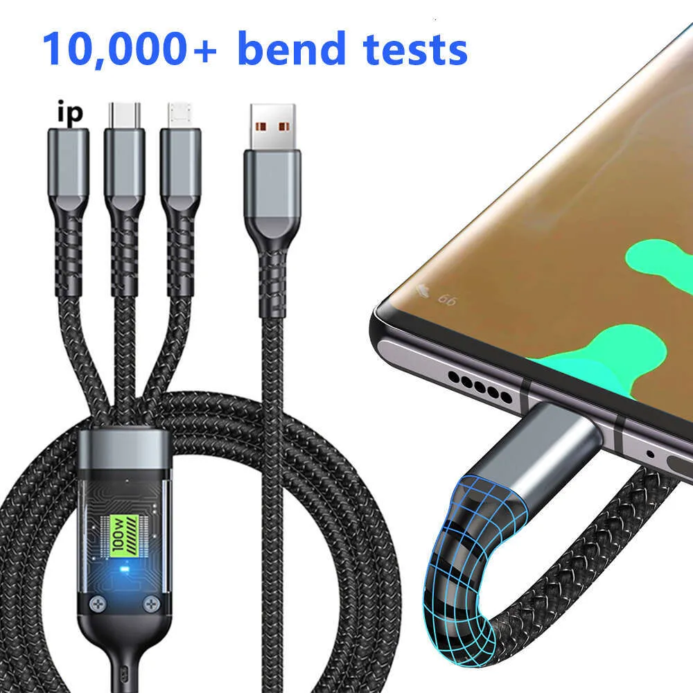 100W Cyber Edition Transparent Window Night Light LED Braided One Tow Three Data Cable Type-C Cell Phone Fast Charging_voghion.com