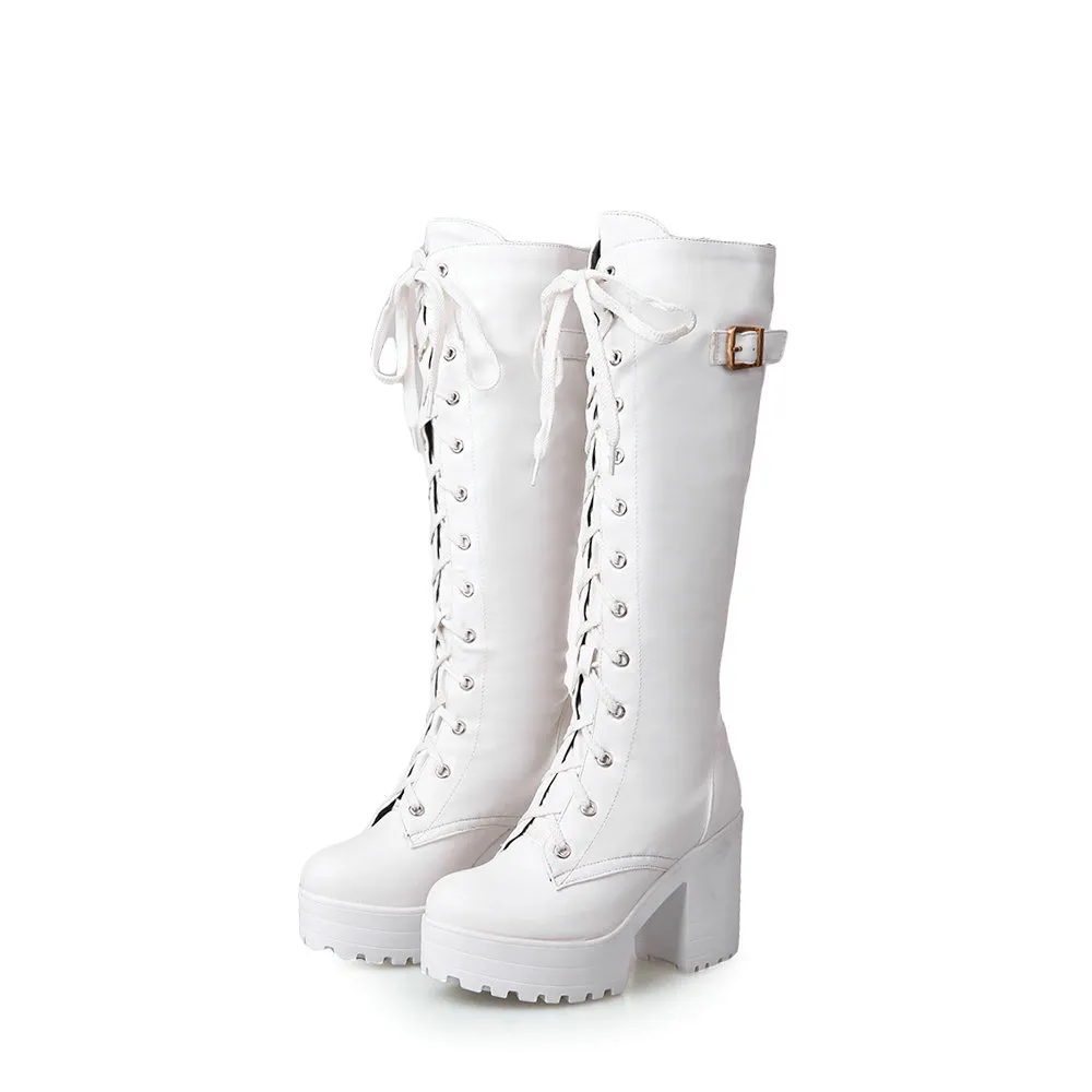 Foreign Trade Martin British Style Thin Leg Waterproof Platform Retro Thick High Heel Boots Women's Large Size Shoes_voghion.com