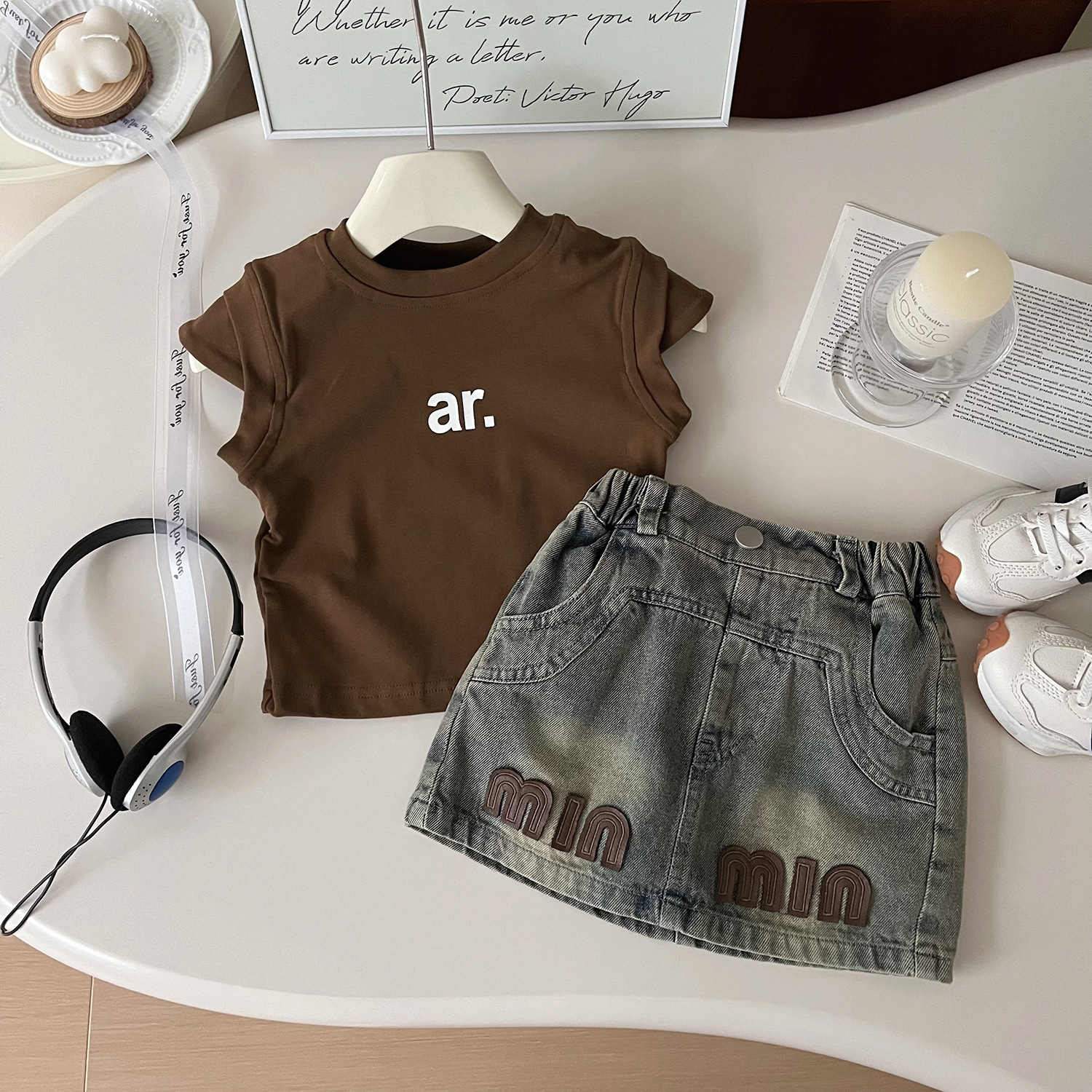 Kids’ Clothing Girls Summer New Two Piece Suit Korean Style Fashion Short Sleeved Denim Skirt Suit Fashionable And Versatile Hot Style