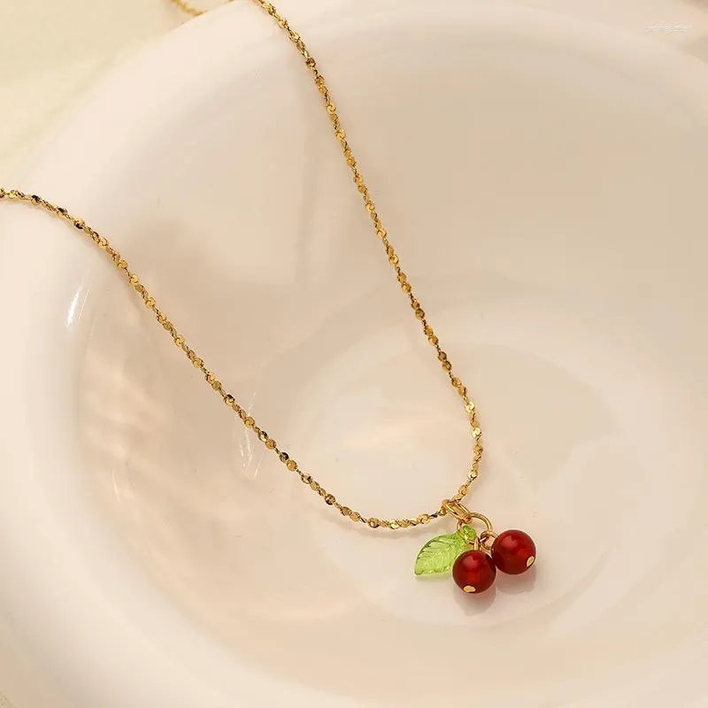 Pendant Necklaces Shoemaking Lovely Cherry Fruit Necklace Stainless Steel Fashion Student Jewelry For Girls Ladies Gift_voghion.com