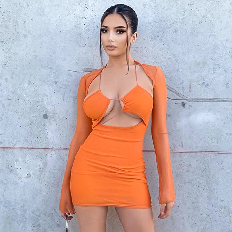 Women's autumn new solid color gauze perspective shawl long sleeve wrapped dress_voghion.com
