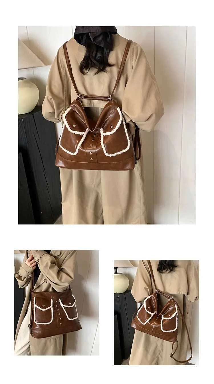 Sac à dos vintage en PU pour femme, sac à bandoulière carré en polaire d'agneau, grande capacité, fourre-tout décontracté pour les déplacements_voghion.com