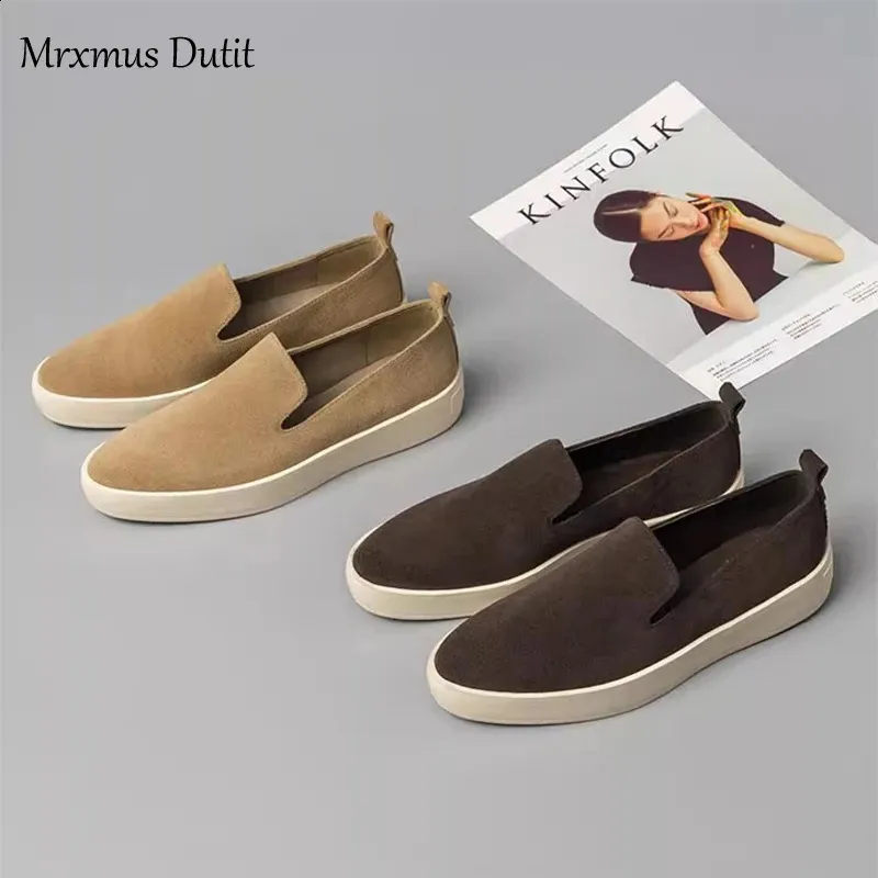 Chaussures de sport décontractées Mrxmus Autumn Flat pour femmes, en cuir suédé véritable, semelle épaisse vulcanisée, référence 240918_voghion.com