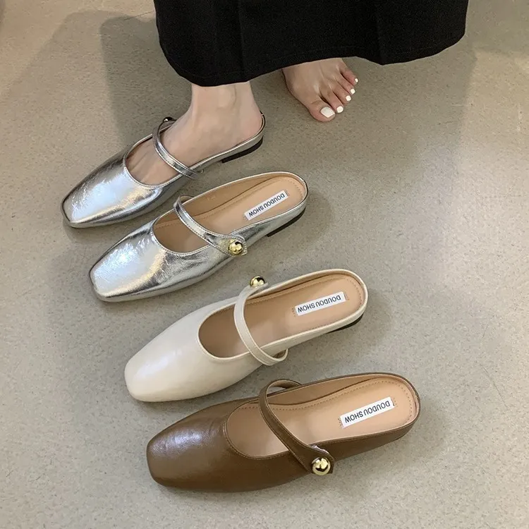 Flats Klasik Elbise Sandalet Kadın Sier Bej Kahverengi Bilek Tokalı Ayakkabı Yazlık Terlikler_voghion.com