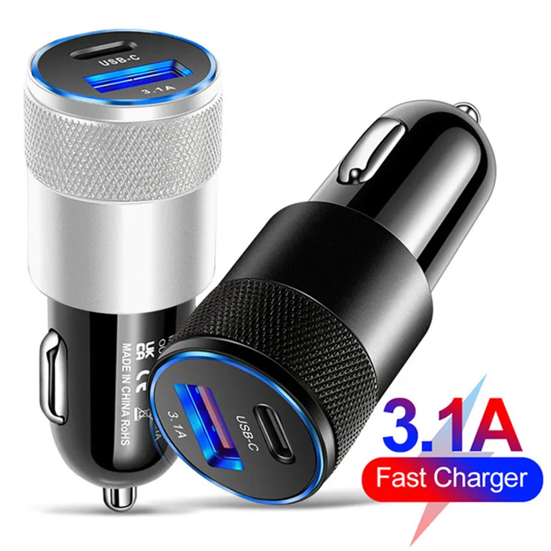 Adattatore per auto con ricarica rapida portatile in metallo a doppia porta USB-A e USB-C da 38 W e 3,1 A PD per iPhone 16, 15, 14, 13, 12 e 11 Pro._voghion.com
