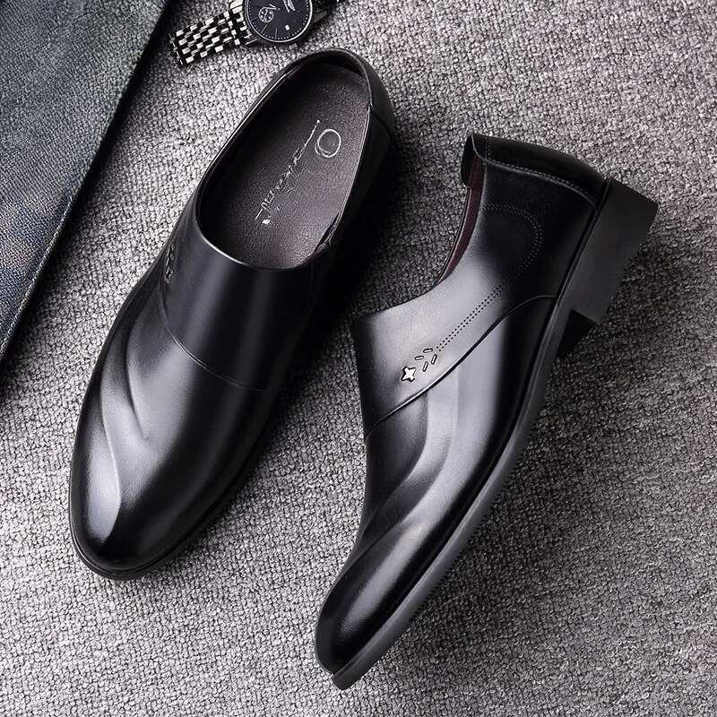 Spring And Autumn Leather Formal Men's Business Casual Slip-on Cowhide Hundred Wedding Shoes_voghion.com