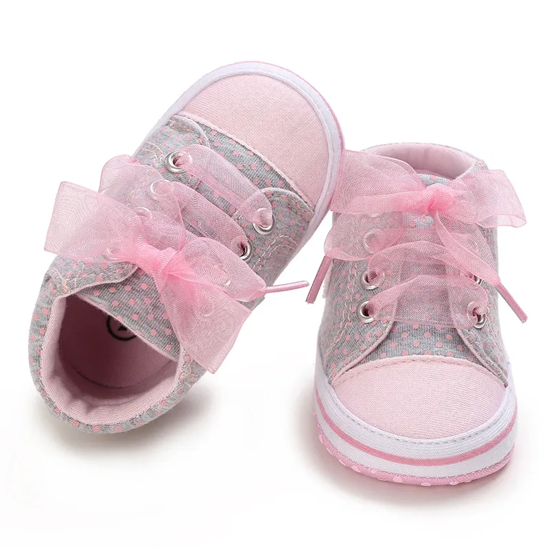 Littlesprouts Babyschuhe für Mädchen, mit Schleife, Spitze, Punktemuster, hohe Sneakers, lässig, weiche Unterseite, Neugeborene, Kleinkinder_voghion.com