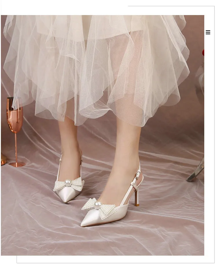 Hochzeit Französisch Frauen 2024 Neue Weiße Brautjungfer Schuhe Bogen High Heels Eleganz Sandalen E336_voghion.com