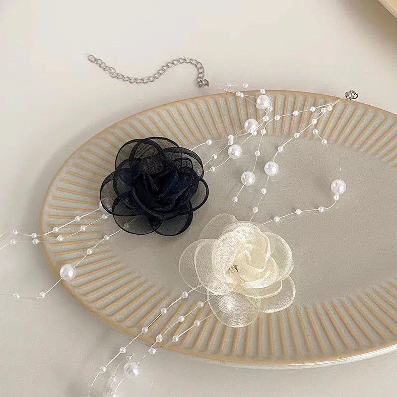 Chaînes Français Romantique Noir Et Blanc Ras Du Cou Fleur Collier De Perles Femme Été Clavicule Chaîne_voghion.com