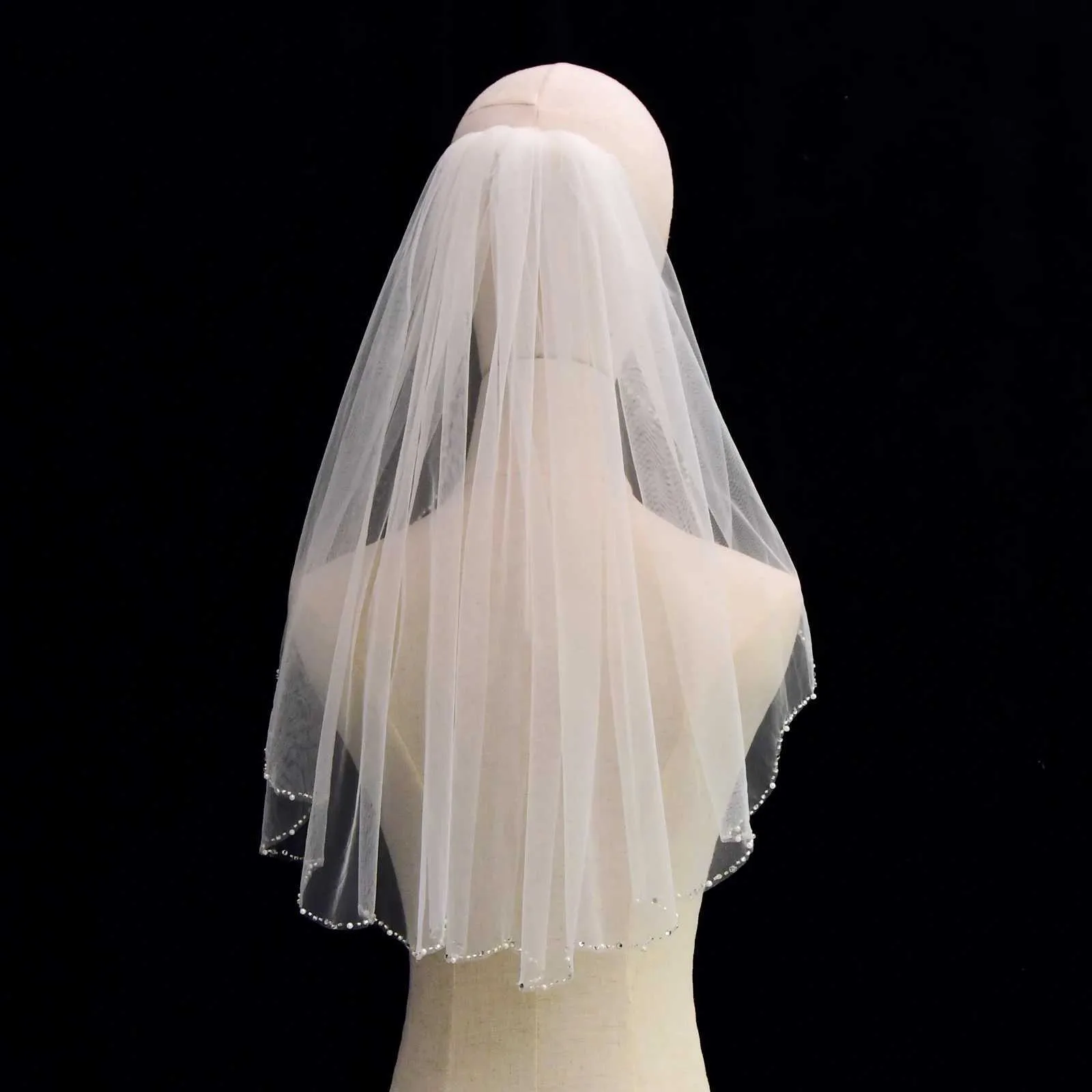 Hair Jewelry Short Wedding Veils Rhinestones Bridal Veil Crystal Beaded Bead Edge 60CM with Comb Bachelorette Party_voghion.com