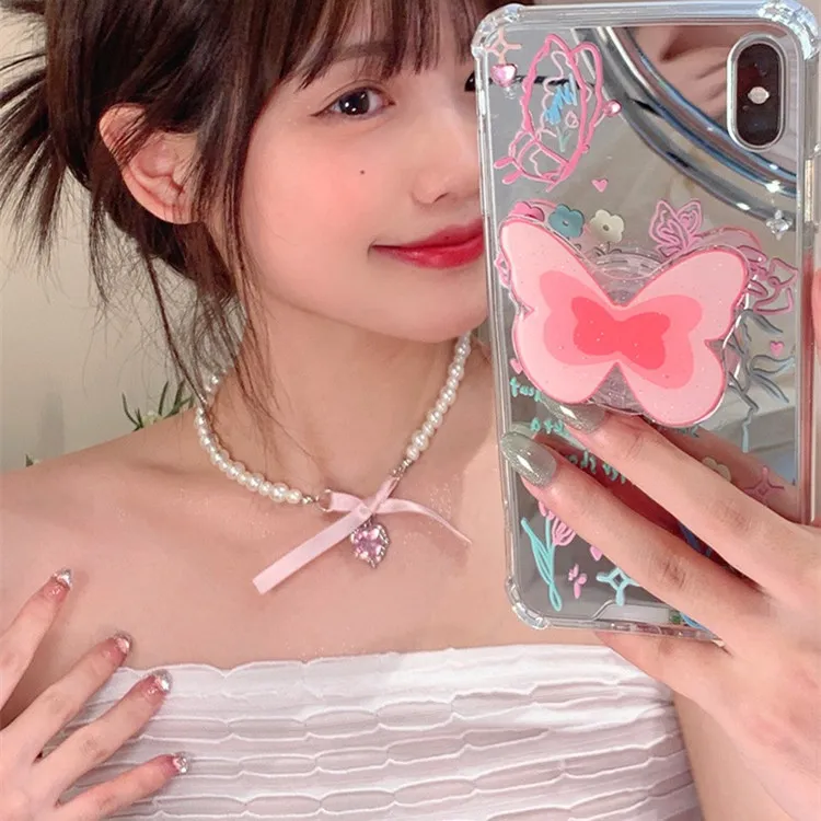 Collane con ciondolo Collana francese romantica con fiocco rosa e perla disegnata da una minoranza femminile Sweety Clavicle Choker_voghion.com