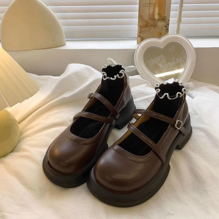 JK Versatile Testa Rotonda Fondo Spesso Piccola Pelle per Donna 2024 Nuovo Stile Britannico Estate Mary Jane Scarpe Singole_voghion.com