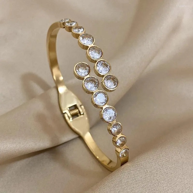 Pulsera de acero inoxidable con incrustaciones de circonita y cuentas redondas para mujer, brazalete de color dorado y plateado_voghion.com