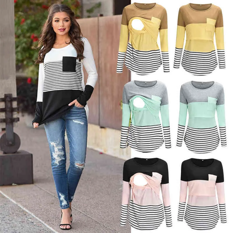 Frauen Schwangere Mutterschaft Kleidung Stillen Tops Stillen Gestreiften T-shirt Mama Langarm S/M/L/Xl/Xxl L220801_voghion.com