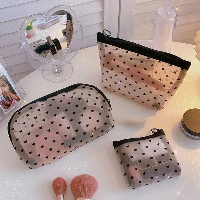 Trousse de maquillage noire en maille transparente en forme de cœur, indispensable pour les organisateurs de voyage pour femmes, petite trousse de maquillage Y241023_voghion.com