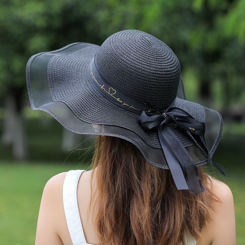 Women's Straw Hat Color Block Bow Summer Sun Hat Khaki Stylish_voghion.com