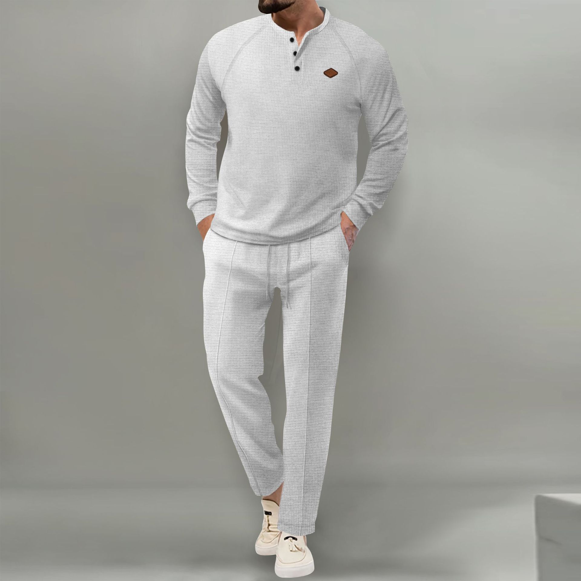 2024 Spring and Autumn New Men's Solid Color Waffler Henley Long sleeved Pants Set_voghion.com