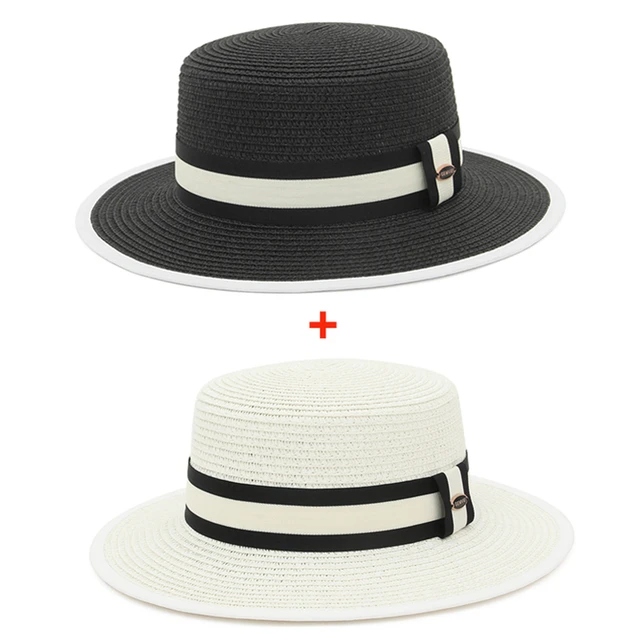 Nové příjezdy GEMVIE Boater Top Flat pro ženy Letní plážový slaměný klobouk se stuhou_voghion.com