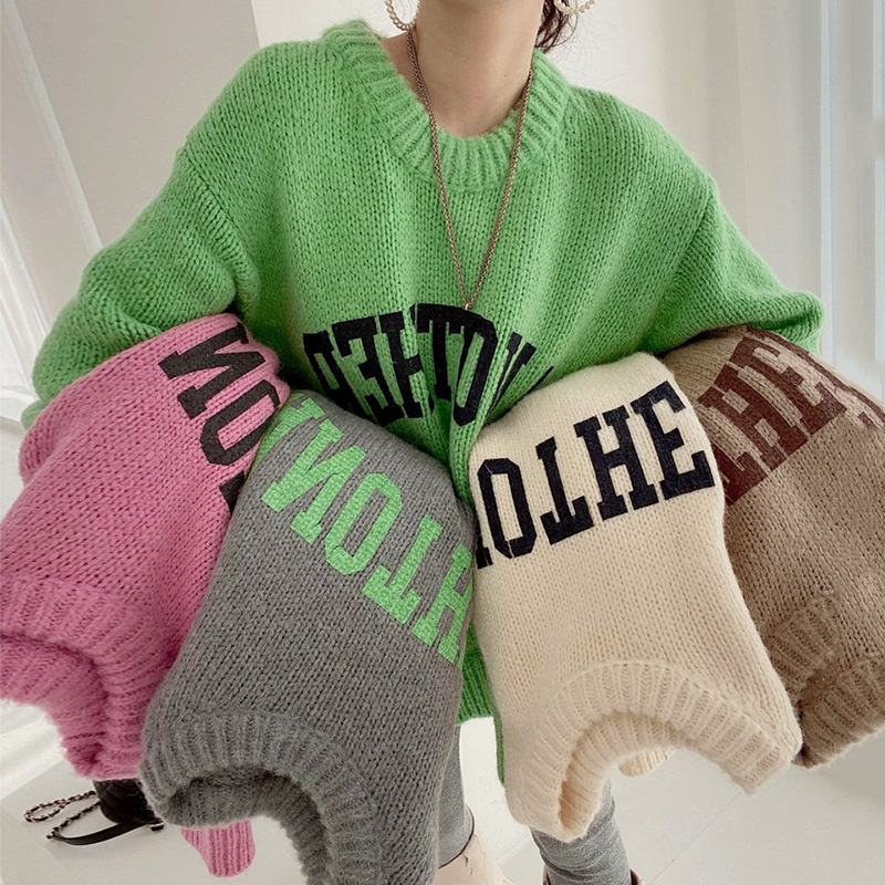 Women's candy-colored sweater Loose and slouchy crew-neck monogram sweater