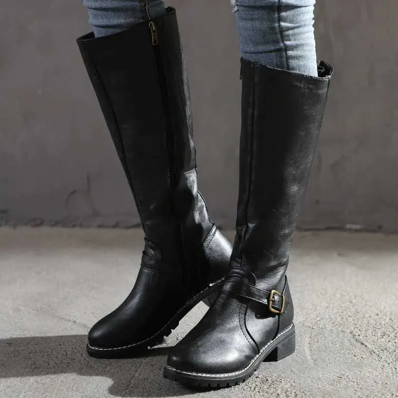 Kniehohe Mode Low Heels Square Plateau Lange Stiefel Braun Schwarz Leder Reißverschluss Winter Frauen Warme Schuhe Booties 69m_voghion.com