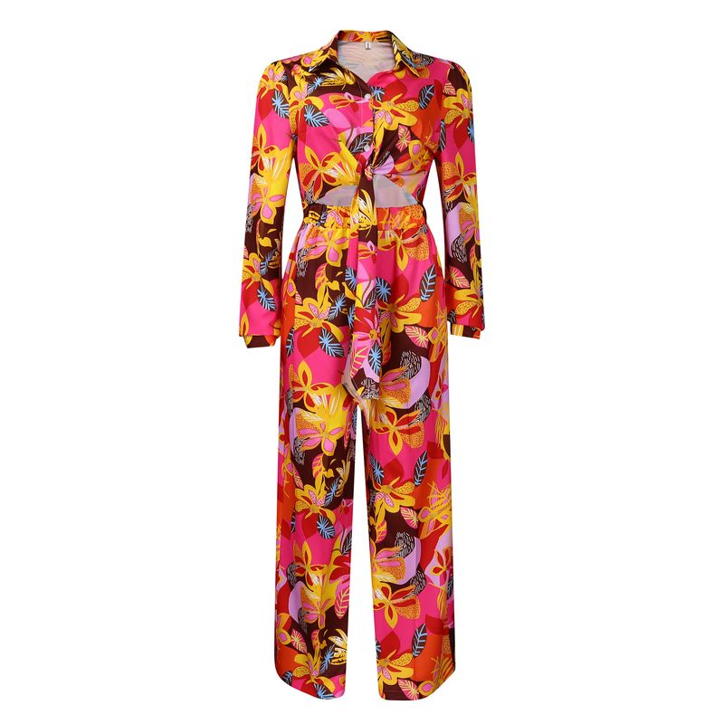 Women's Fashion Print Two-piece Lapel Tie Shirt Wide Leg Pants Suit_voghion.com