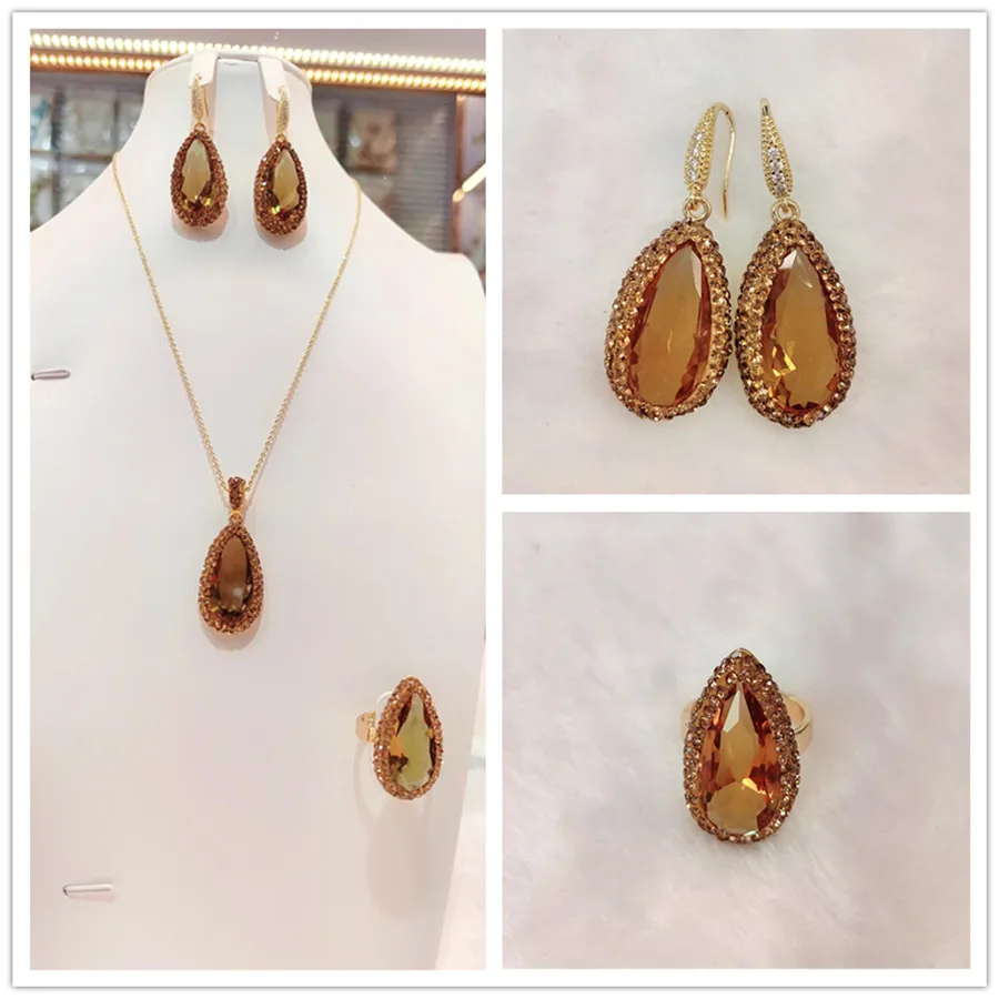 Halsketten-Ohrringe-Set, Sudanstein, türkischer Farbwechselschmuck, Strass, Wassertropfenform, Zultanit-Kristall, 3-teilig_voghion.com