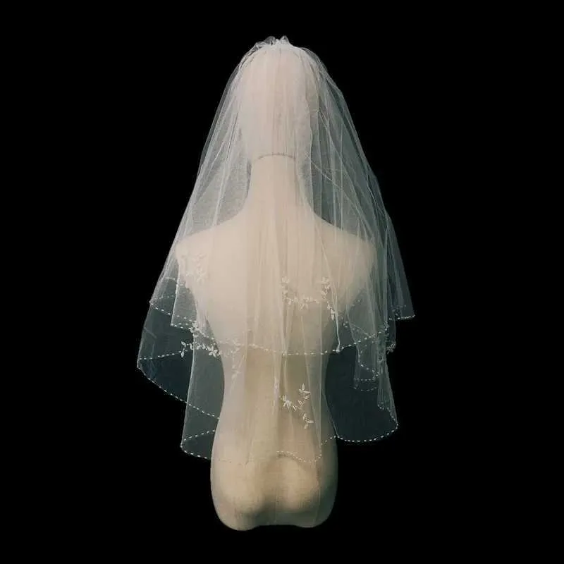 Jewelry Beaded Wedding Veils Sparkly Two Tier with Comb Bride Veil Women Headpiece Bridal Hair Accessory_voghion.com