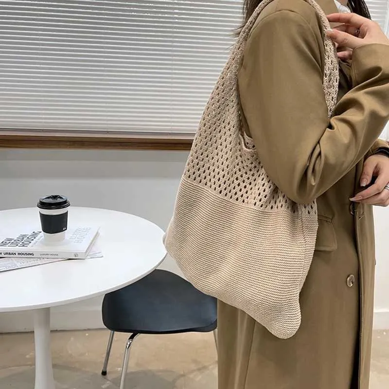 Gebreide tote tas dames retro schoudertas voor strand en zomer_voghion.com