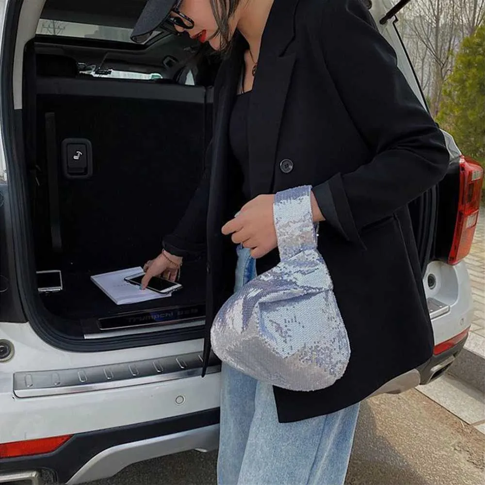 Portafoglio da donna alla moda con glitter scintillanti e chiusura a scatto, piccolo flash da polso con nodo, tasca, borsa firmata 2023 Y241106_voghion.com