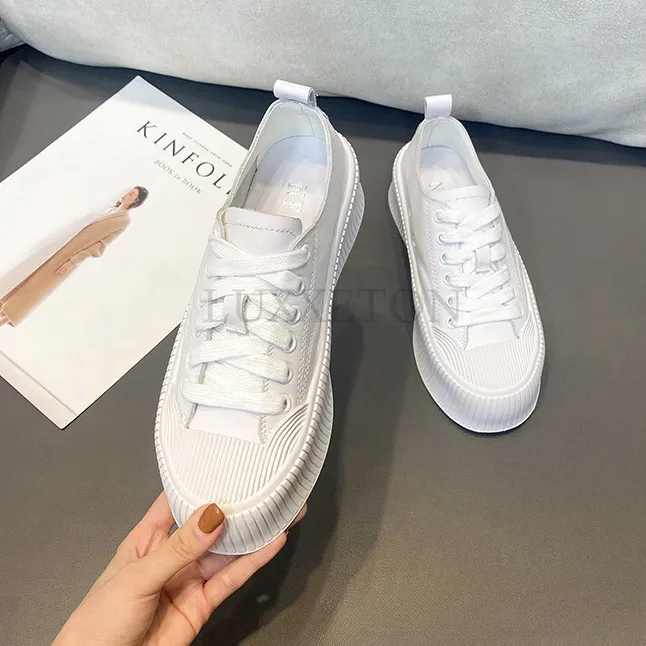 Genuine Leather Thick Sponge Cake Sole Canvas Shoe Mesh Surface For Comfortable Breathable Versatile Casual Board Shoes_voghion.com