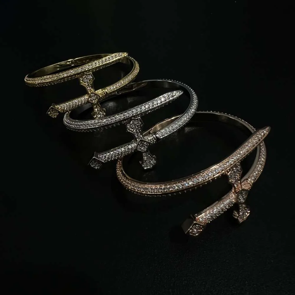 Hip Hop Adalet Kılıcı Bilezik Seti Tam Trend Çok Yönlü El Süsü Küba Moissanite Dia İşlemeli Gümüş Gül Altın_voghion.com