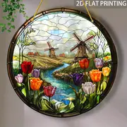 Windmill & Tulips Suncatcher - Vibrant Stained Glass-style Acrylic. Perfect For Mother's Day, Living Room,or Office Decor. Classic Round Hanging Panel_voghion.com