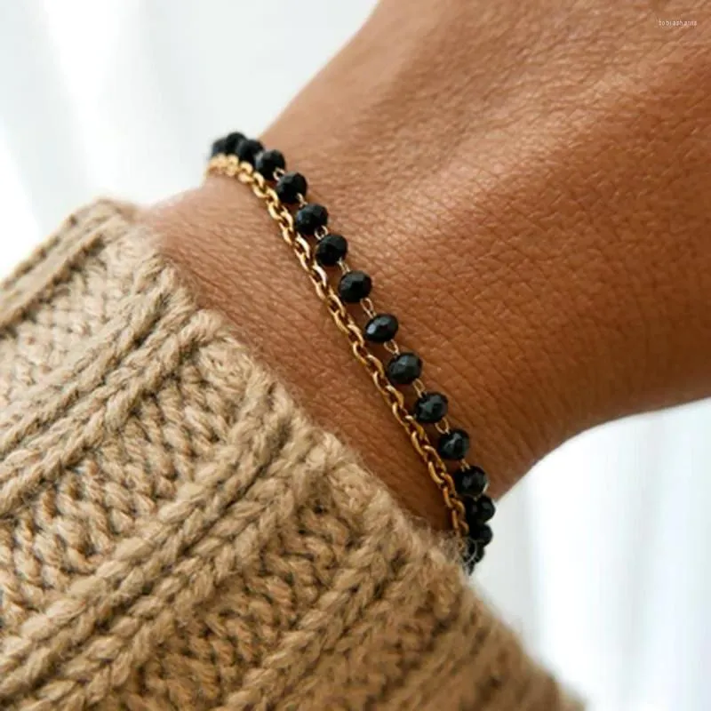 Lanțuri stil boho din oțel inoxidabil cu mărgele negre și piatră de sticlă dublă colier felie accesorii pentru femei_voghion.com