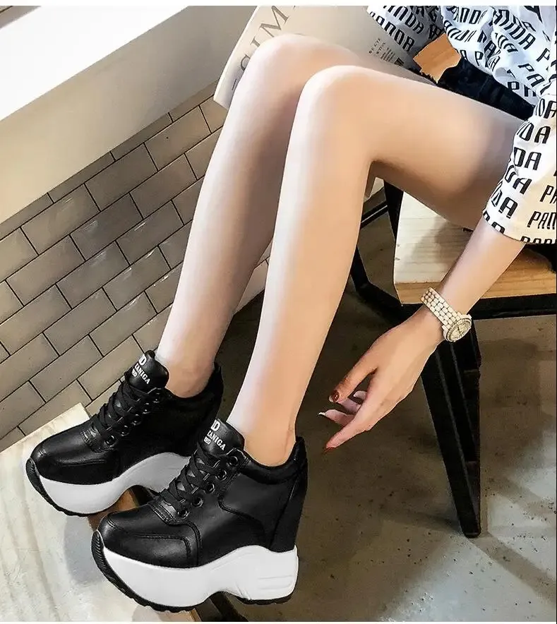 Women's Platform Sneakers Leather Chunky Trainers White Wedges_voghion.com