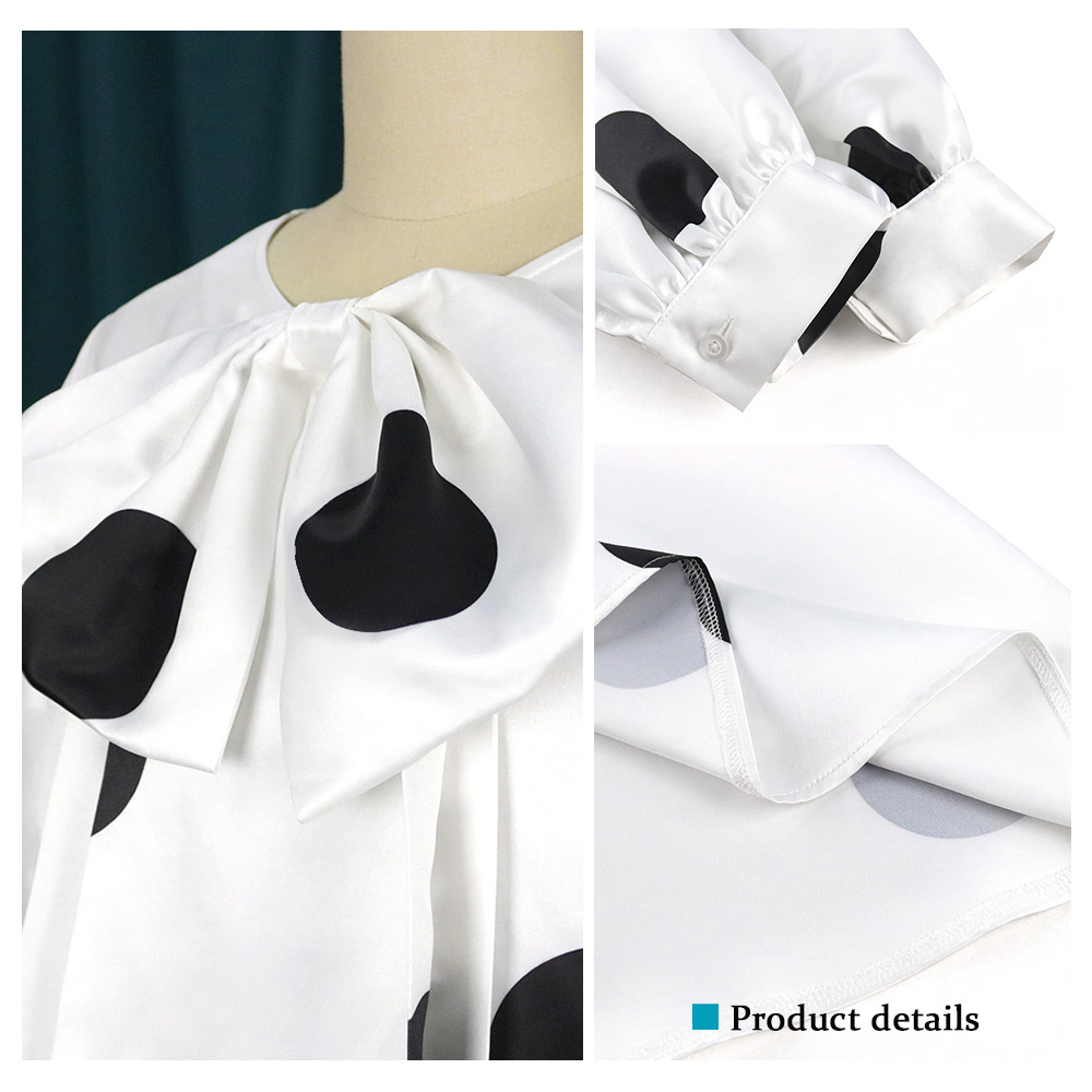 Lockeres Kleid mit Rundhalsausschnitt, Fliege und Punktemuster, Partykleid, weißes Kleid_voghion.com