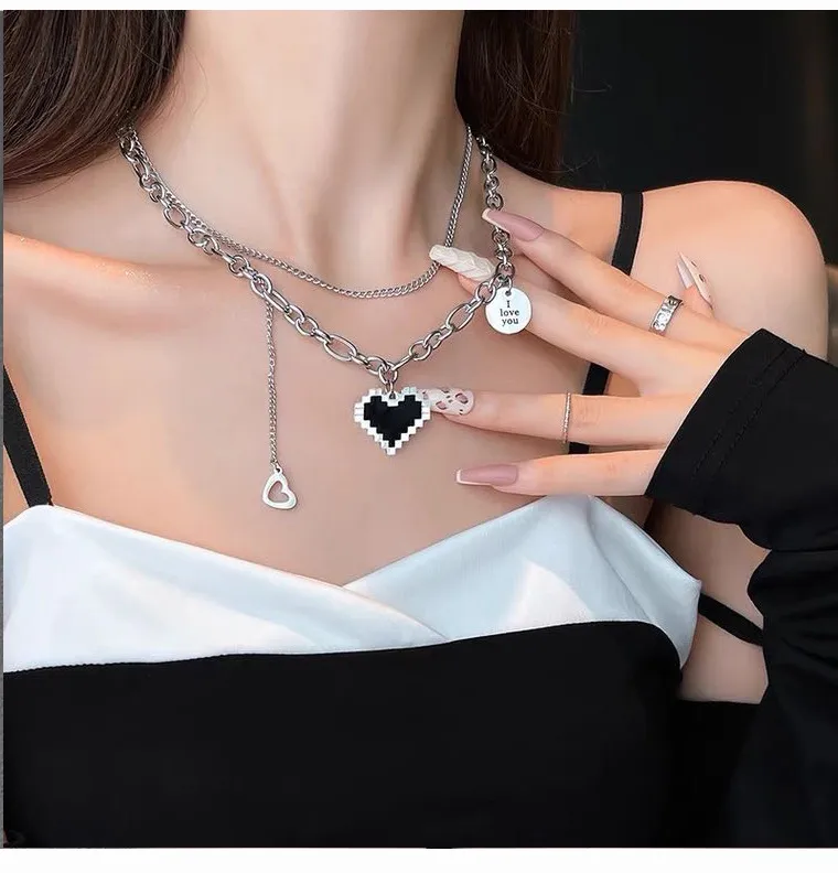 Collana con ciondolo a forma di cuore a doppio strato in acciaio inossidabile per donna, semplice girocollo hip hop con mosaico a forma di cuore cavo_voghion.com