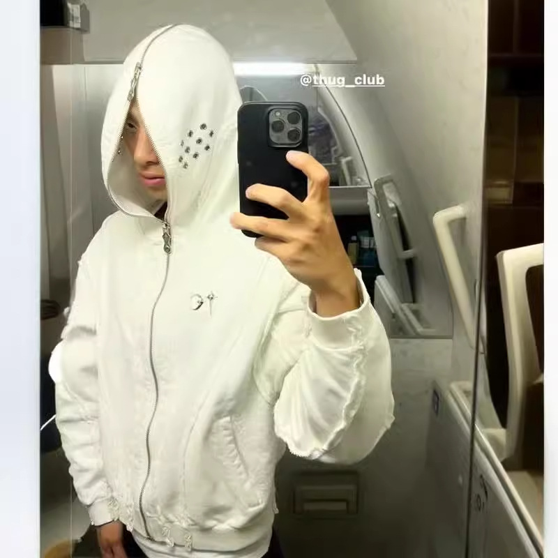 Men's Clothing THUG CLUB VIBE Washed Metal Zipper Masked Ninja Hooded Cardigan Short Sweatshirt Men's Jacket