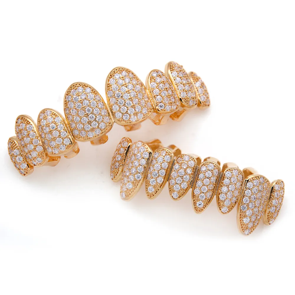 Rose Weißgold Vampir Grillz Iced Out Fang Grills Voller bunter Durchmesser Cosplay Zahnkappe Zahnspange_voghion.com