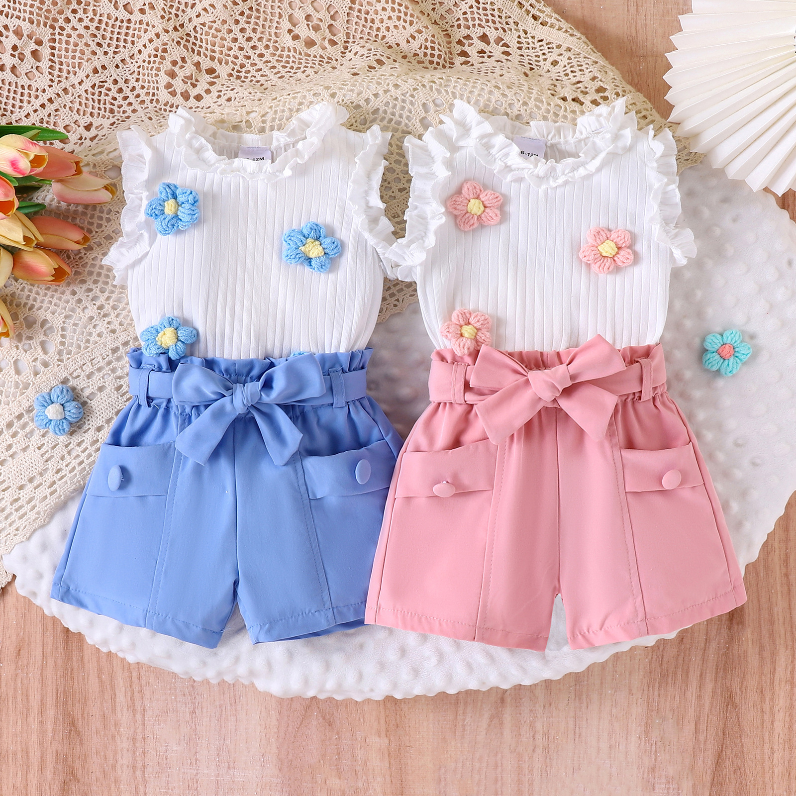 Adorable Girls' 2-Piece Set – Floral Sleeveless Top + Solid Shorts (6M-4Y, Soft Cotton, Summer Outfit)​