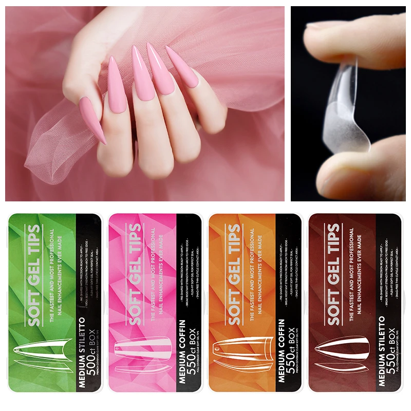 Arte Clavo Clear Medium Long Almond Nail Tips Kit Soft Gel Full Cover Tips Soak Off Nail Extension Gel Tips False Press on Nails_voghion.com