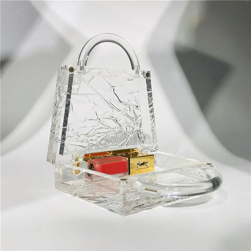 Borsa a mano trasparente con motivo a crepe di ghiaccio, pochette trasparente per donna, borsa da sera con secchiello e catena in acrilico 2024_voghion.com