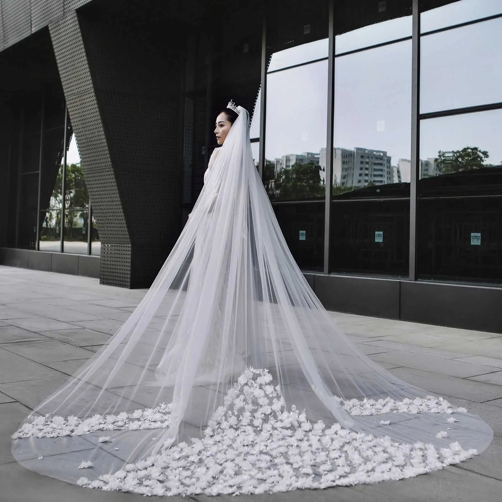 Gioielli per capelli, elegante velo da sposa con perline in pizzo, fiore 3D, lungo, cattedrale, morbido, illusione, con pettine, accessori per la sposa._voghion.com