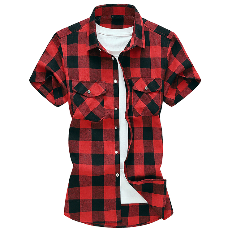 Camicia da uomo estiva a maniche corte a quadri a righe, casual, in cotone, bianca, rossa, verde, grigia, blu_voghion.com