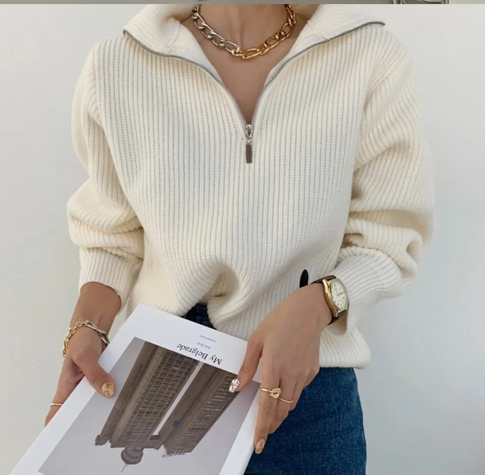 Damen Reißverschluss Stehkragen Modischer einfarbiger lockerer Pullover Damen lässig gestrickt Langarmpullover Winter_voghion.com